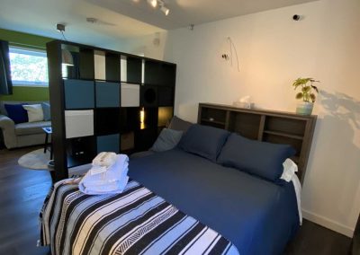 double-sized bed with blue beddings