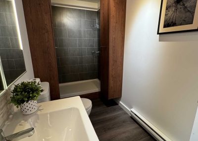 bathroom sink and shower area